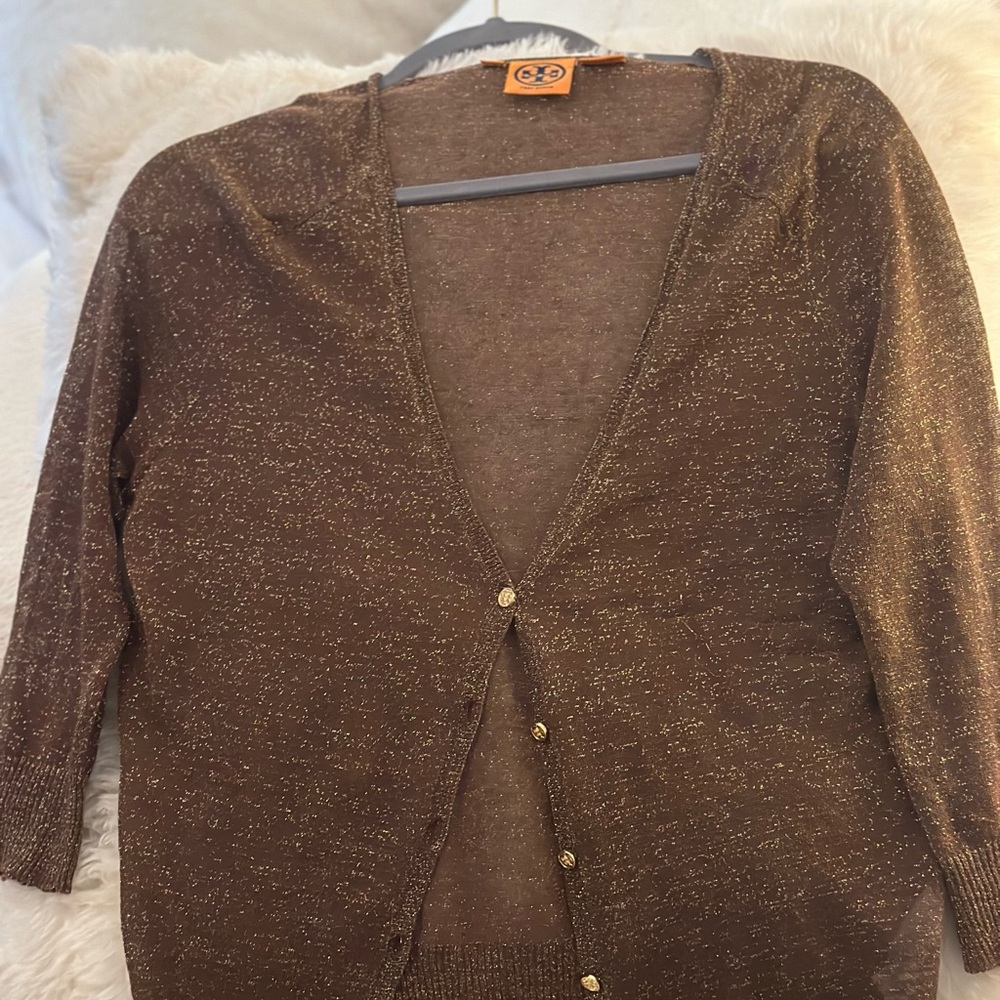 Tory Burch Copper Gold Linen Cardigan M